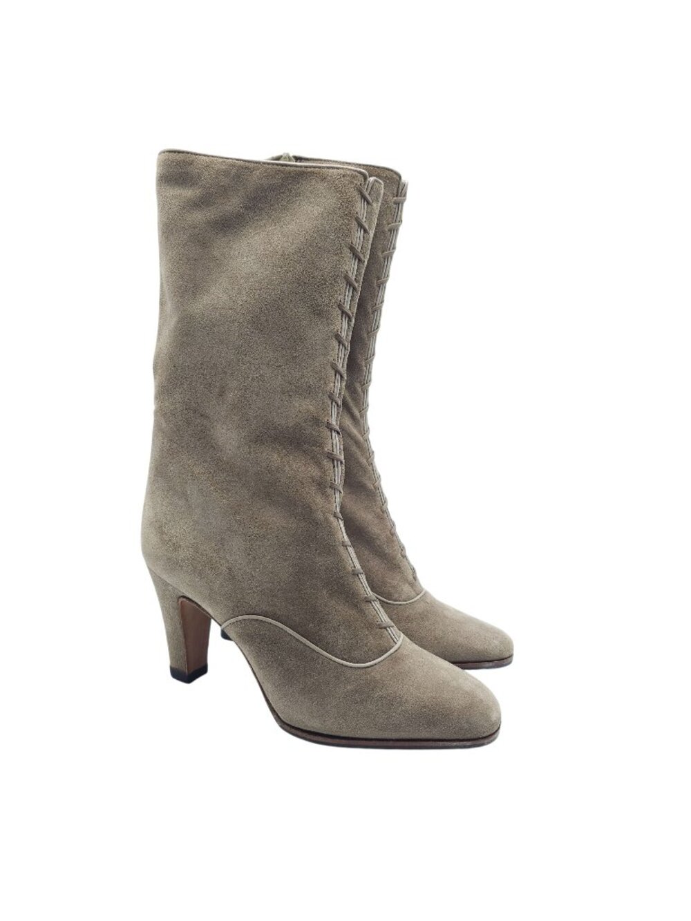 Gucci Beige Suede Mid-Calf Boots With Stitch Detail Block Heel Side Zipper 34.5